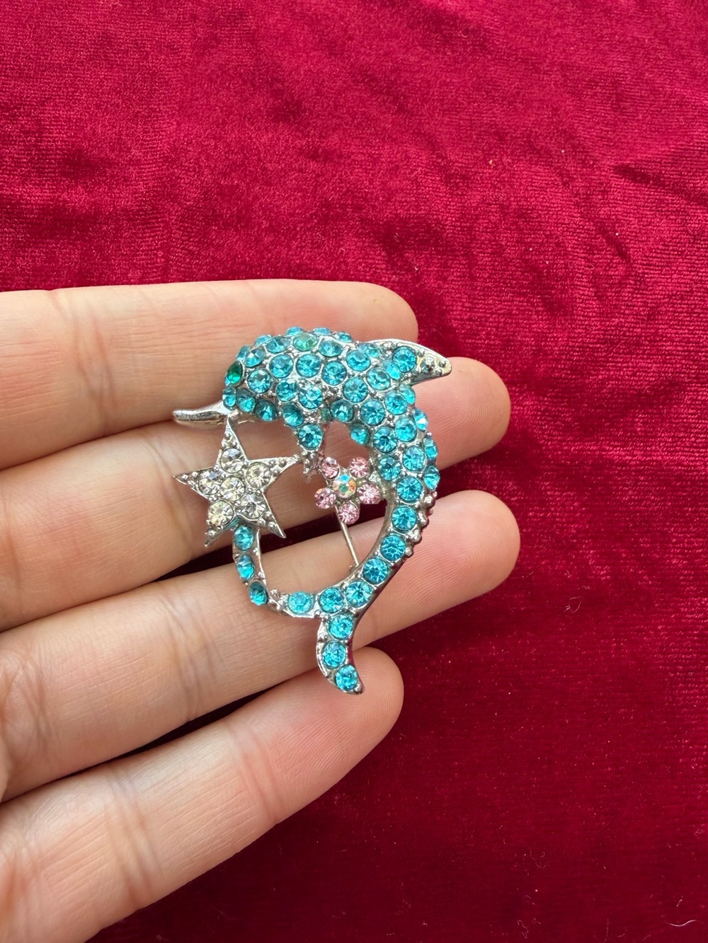 Vintage Rhinestone Dolphin Brooch